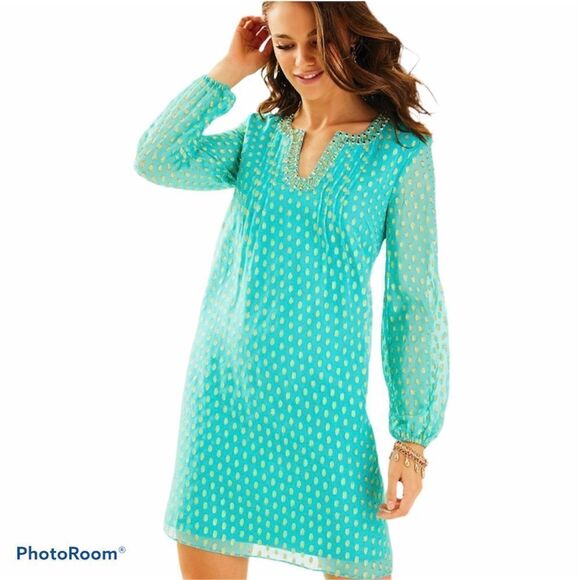 Lilly Pulitzer Colby Silk Blue Gold Long Sleeve Sheath Dress 00 Polka Dot Print - Picture 1 of 7